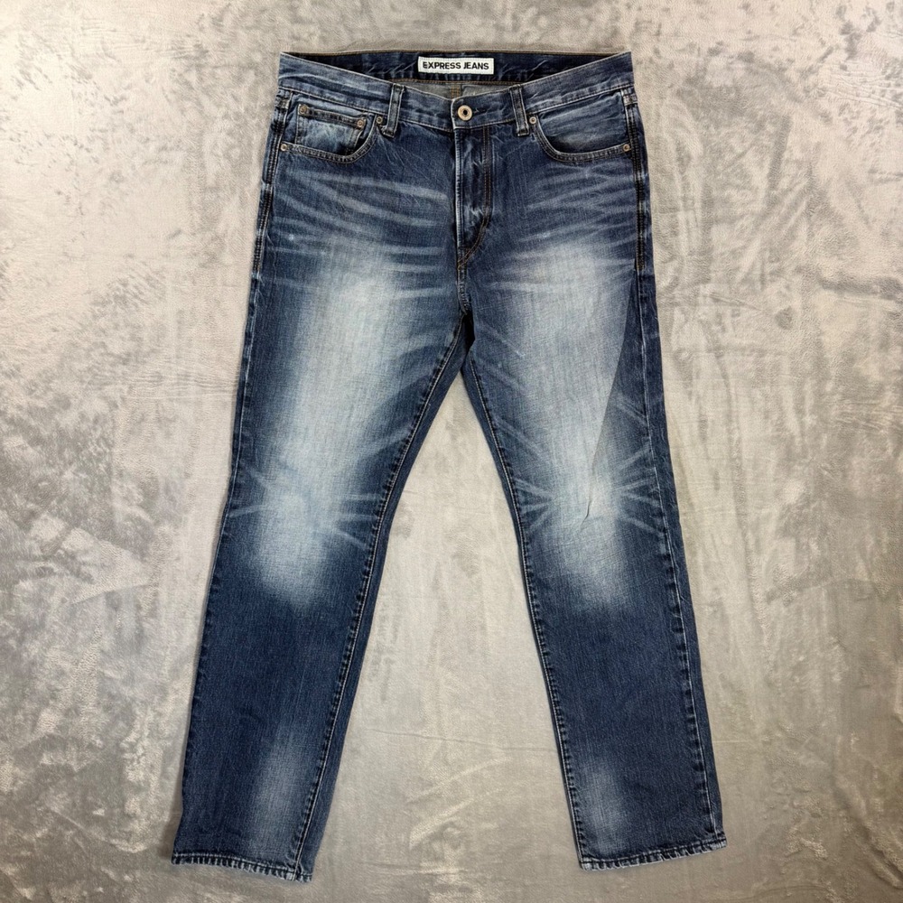 Express Rocco Slim Straight Jeans Mens Size 34x32 Dark Blue Faded Denim